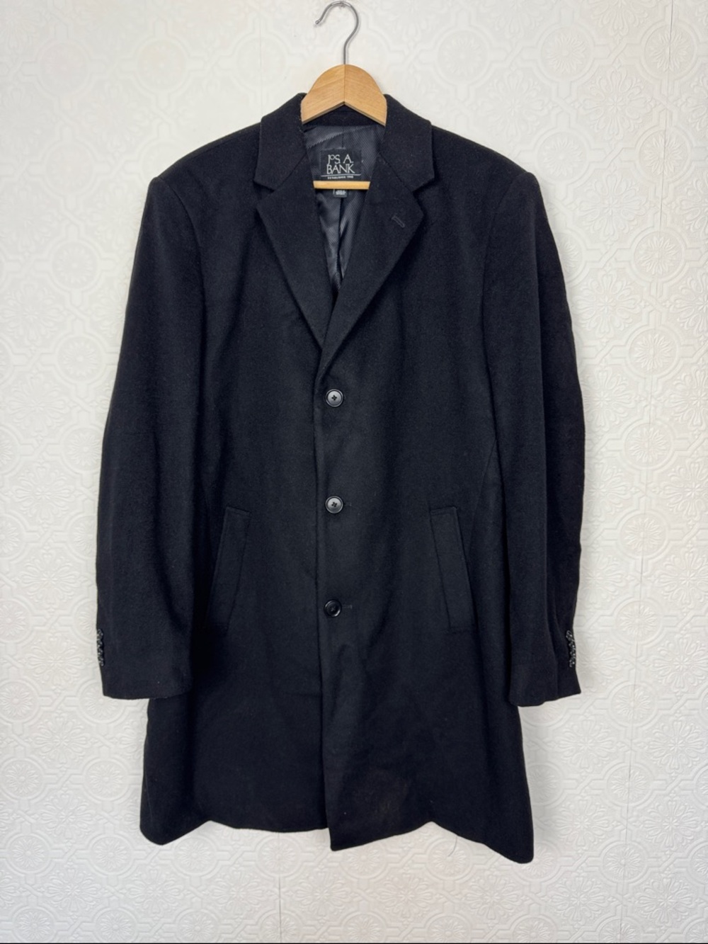Jos A Bank Wool Blend Overcoat Mens 42R Black Classic Top Coat‎ Jacket